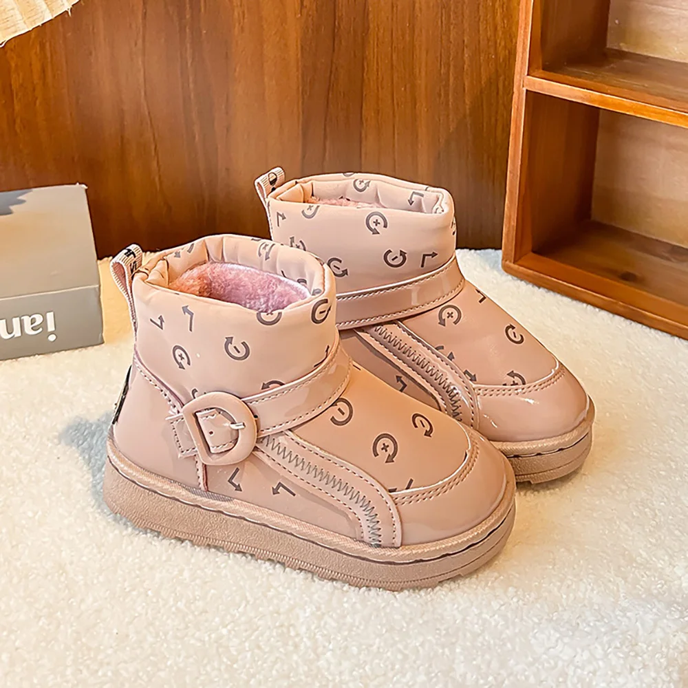 Stivali da neve in peluche in pelliccia sintetica per bambini Stivali da neve da ragazza impermeabili in pelle PU spessi e caldi per adolescenti Scarpe di cotone in velluto per bambini