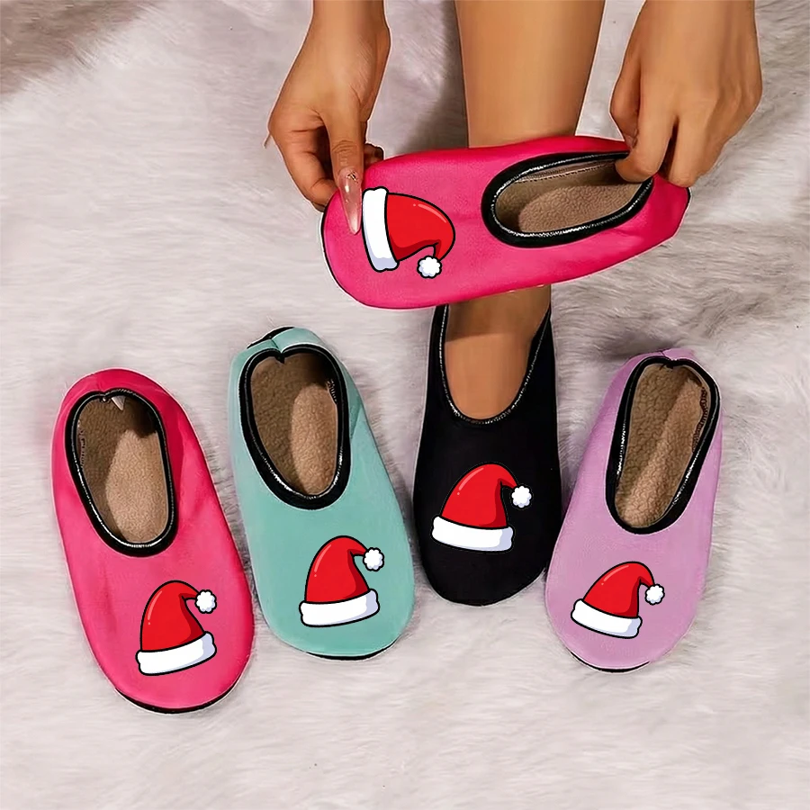 

Four season wearable women's Christmas cute Christmas hat printed suede breathable high elasticity indoor anti slip floor slippe