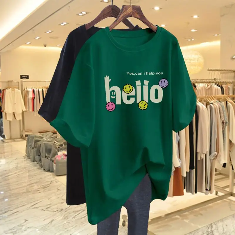 Summer Chic Letter Print Cotton Basic T-shirts Women Casual Loose O-neck Short Sleeve Top Tee Oversized Smiling Face Pullovers