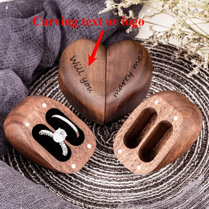 Engraved Walnut Wood Heart-Shaped Double Ring Box for Wedding/Anniversary Gifts Jewelry Organizer