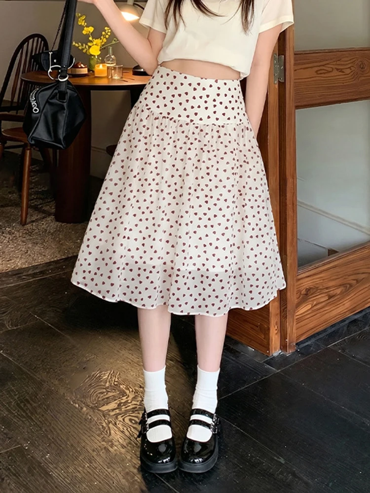 Love Print Sweet Skirt Women Preppy Style Cute Loose Midi Skirts Fashion Summer High Waist Female Elegant Zipper A Line Skirt