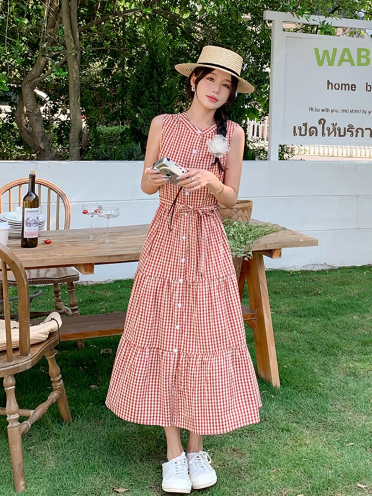 Rote karierte Weste, Damen, langer Sommerrock, neu, schlicht, Retro, tailliert, koreanischer Stil, hohe Taille, A-Linie, langer Rock