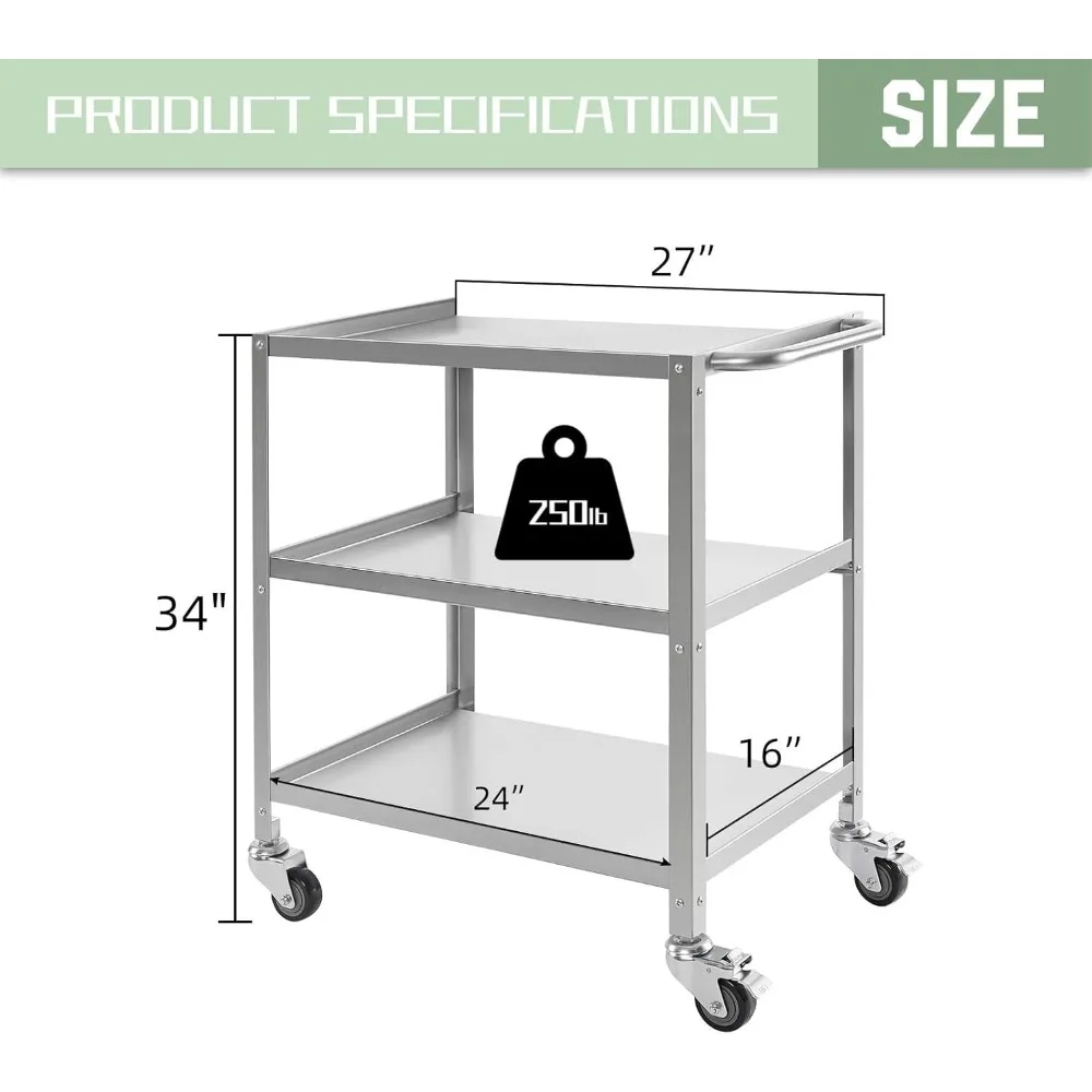 عربة أدوات من الفولاذ المقاوم للصدأ ذات 3 طبقات شديدة التحمل معتمدة من NSF مع خدمة وعجلات متنقلة للطعام #2