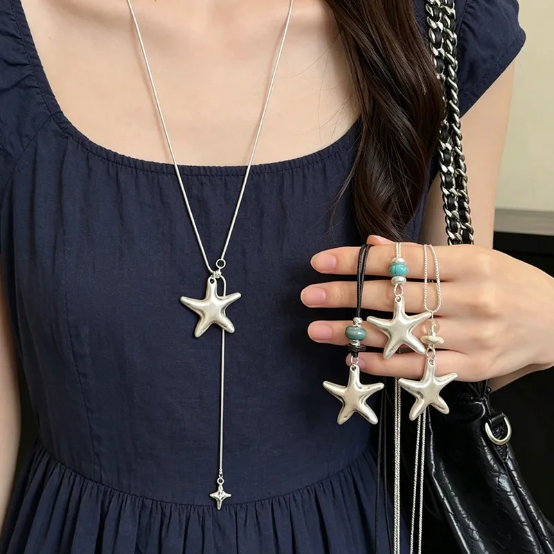 Matte Silver Starfish Long Necklace with Delicate Chain and Black Cord—Simple, Stackable, and Versatile Turquoise Bead Pendant