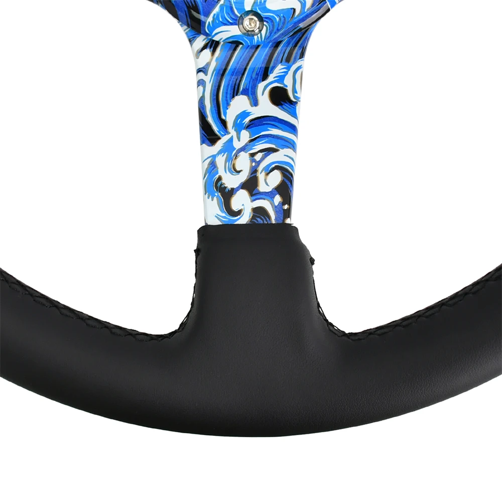 TIYPEOR 13Inch 325mm JDM Racing Steering Wheel Universal Car Modification Ukiyo‑e Wave Samurai Style Genuine Leather Drift