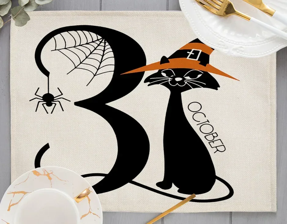 Halloween Linen Placemats New Trick or Treat Witch Cat Print Mats Bat Pumpkin Drink Pads for Home Party Kitchen Decor