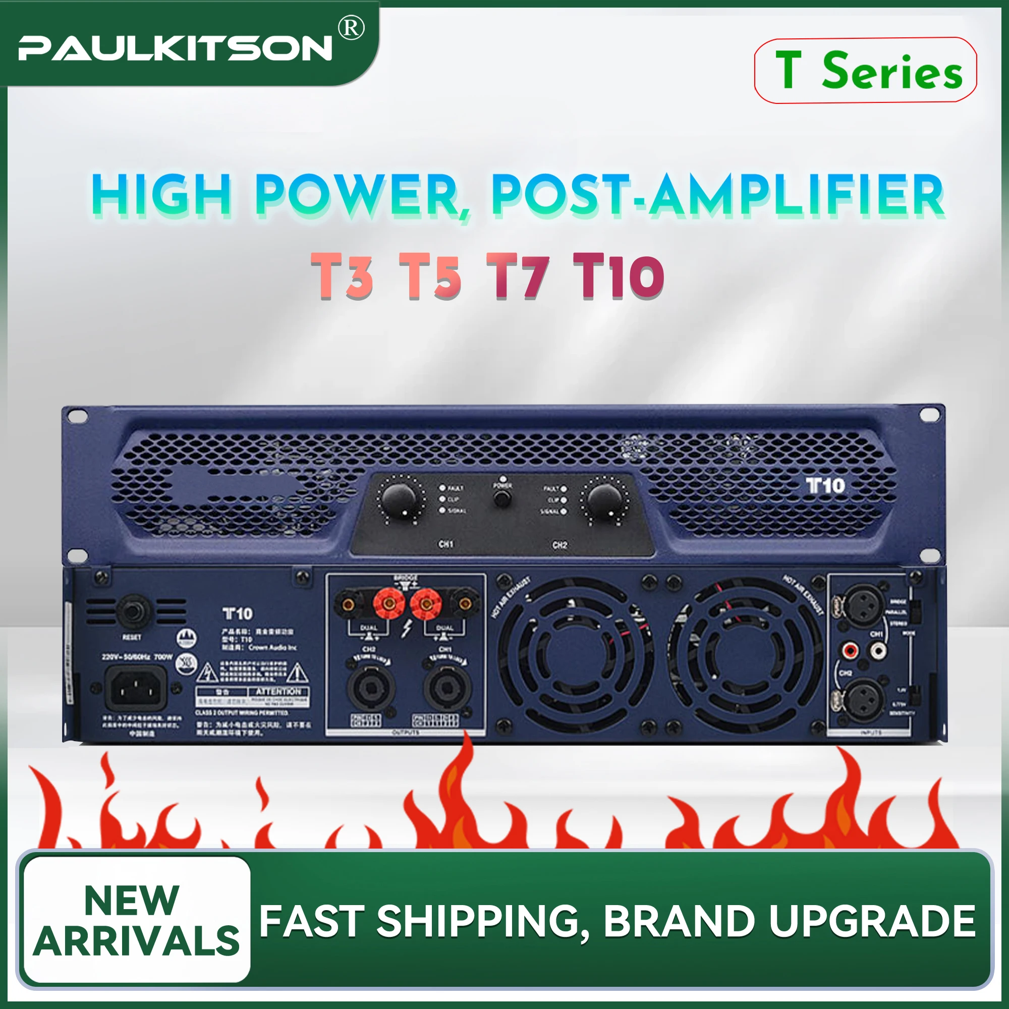 Paulkitson T Series Professional Power Amplifier 2‑Ch High‑Power Post Power Amplifier Dual Fan Cooling XLR Speakon Interface