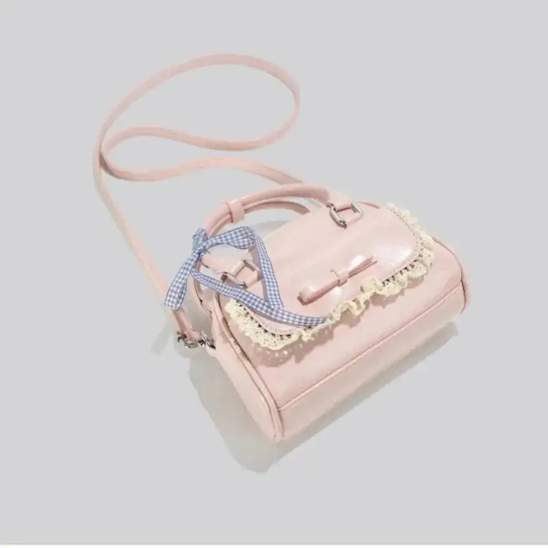 

Bloom Sweet Cute Pink Messenger Women Haruku Lace Bow Chic Handle Boston Crossbody Bags Ladies Retro Bowling Bag Y2k