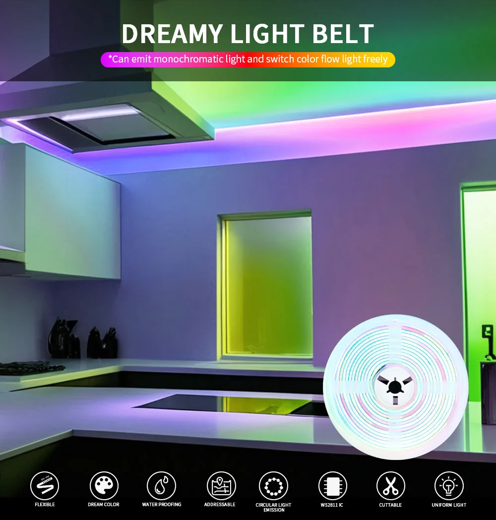 Tuya WIFI Smart RGBIC COB LED Strip WS2811 IC Addressable Flexible LED Light Tape APP Control DC12V for Alexa Google