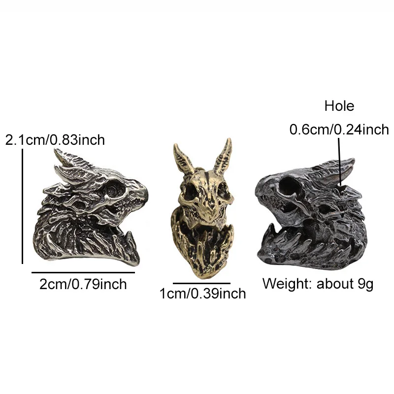 Dinosaur Skeleton Head Brass Knife Beads DIY Paracord Bracelets Accessories EDC Umbrella Rope Woven Lanyard Keychains Pendants