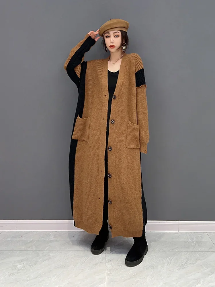 

XITAO Casual Long Knitting Cardigan Contrast Color Loose Casual Contrast Color Women Sweater Coat Spring All-match New WLD10176