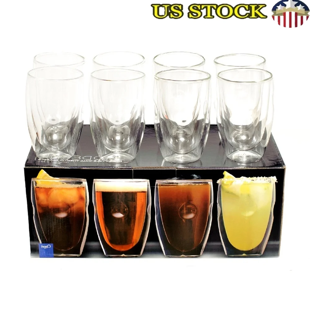 

Double Wall 12 oz Beverage Glasses Set of 8 Insulated Drinking Glasses Handmade Coffee Tea Cocktail Glasses Microwave Freezer