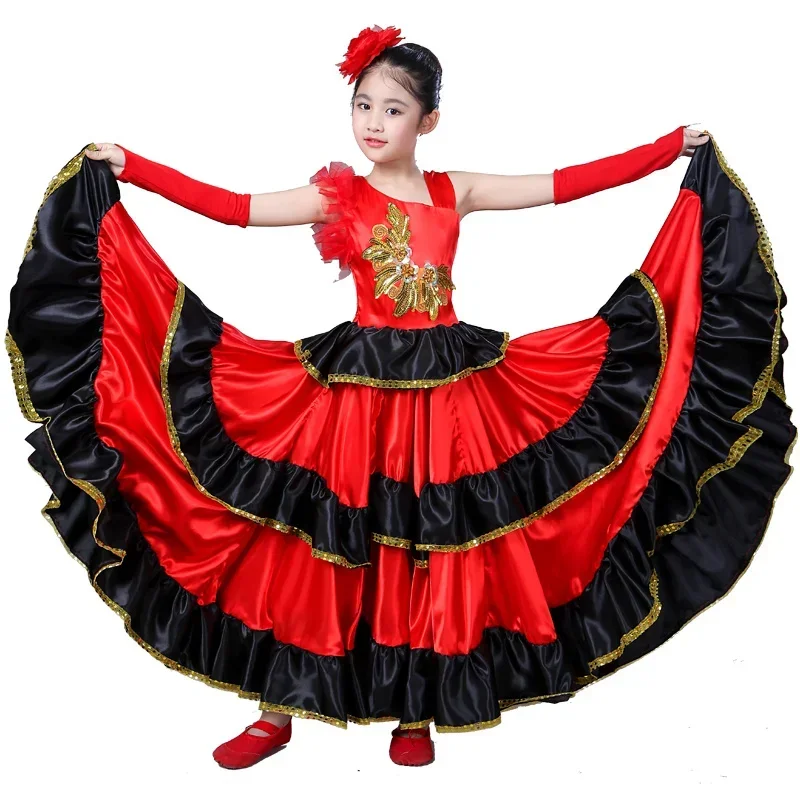 Spanish Costume Performence Girl Long Red Flamenco Dress Ballroom Skirt For Girls Child Dance Dresses Costumes For Kids Clothes