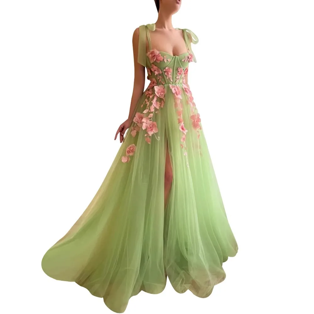 Fresh flower slit green ball dress with suspender and strapless A-line party performance outfit