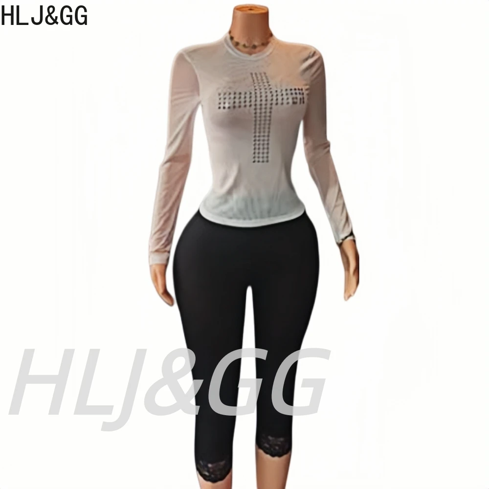 HLJ & GG موضة تريند Y2K طباعة بلايز قطعتين مجموعات المرأة الجولة الرقبة طويلة الأكمام بلوزات وسراويل ضيقة الزي الإناث الشارع الشهير