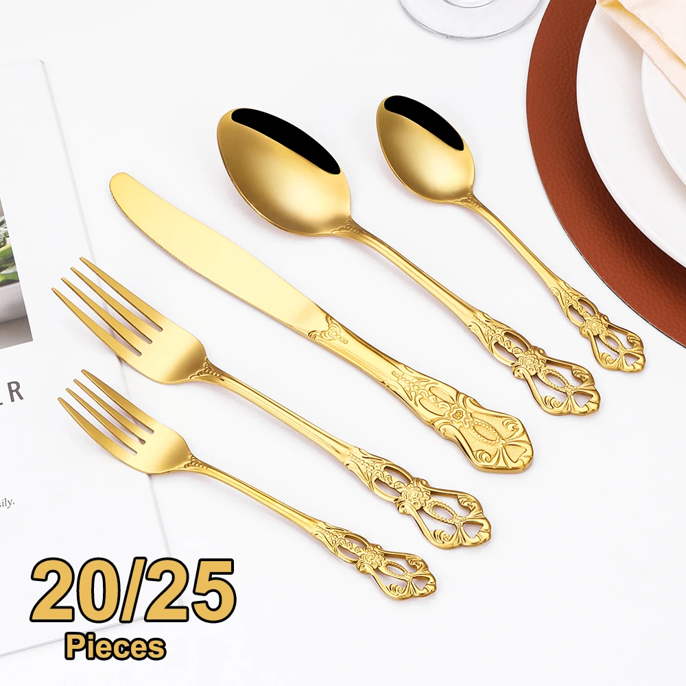 5/10/15/20/25Pcs Gold Cutlery Stainless Steel Tableware Black Luxury Knife Fork Spoon Western Sliver Dinner Set Mirror Flatware