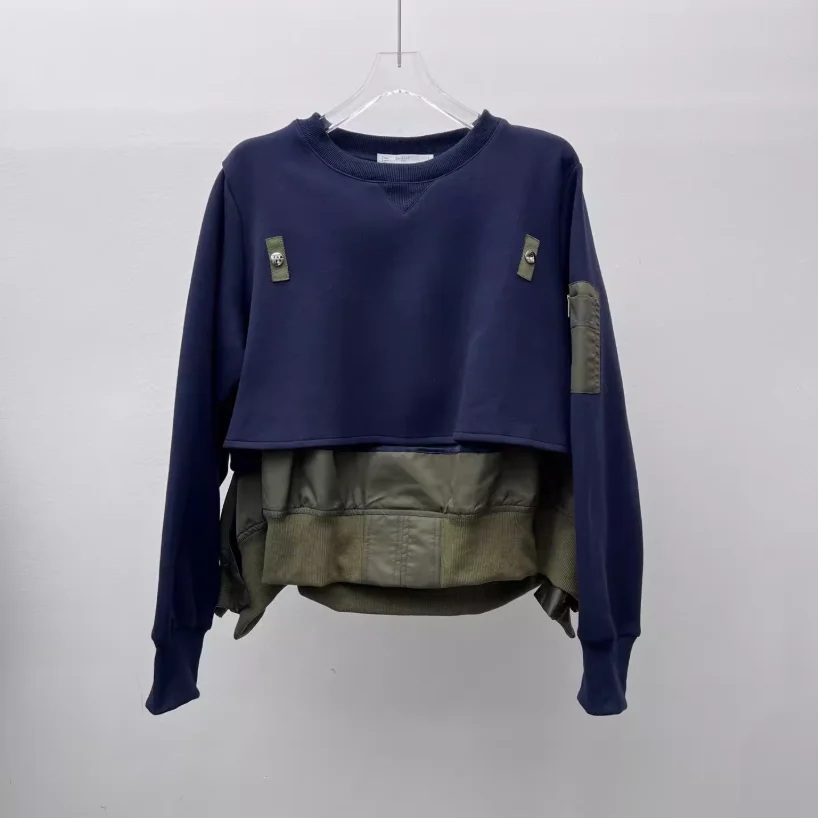 سترة خريف 2025 مرقعة فضفاضة غير رسمية بأكمام طويلة ورقبة مستديرة بلوفر نسائي