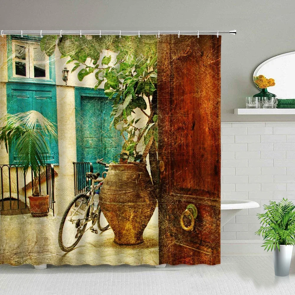 Retro Old Street Building Bicycle Landscape Shower Curtains European Style Poster Bathroom Curtain Waterproof Fabric With Hooks