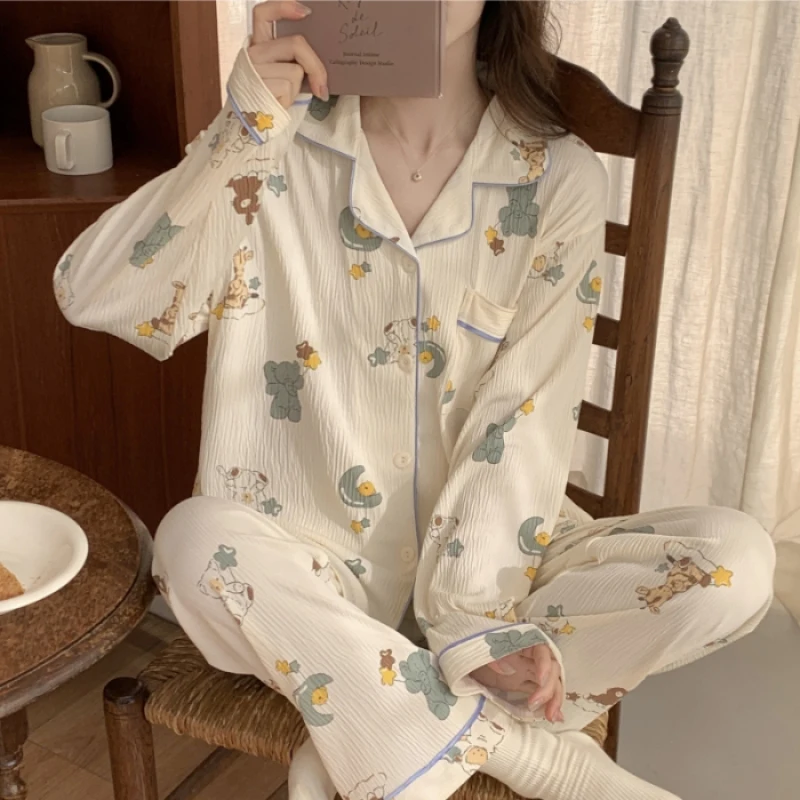 French Elegant Sweet Kawaii Romantic Women\'s Pajamas Cartoon Print Wrinkled Cloth Y2k Sleepwear 2024 New Fall Fashion Nightwear