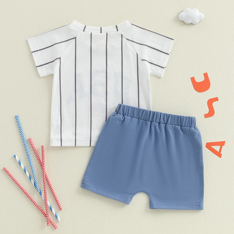 طقم ملابس للأولاد بعلم أمريكي لعيد الاستقلال بأكمام قصيرة وقمصان علوية وسروال قصير مكون من قطعتين ملابس صيفية