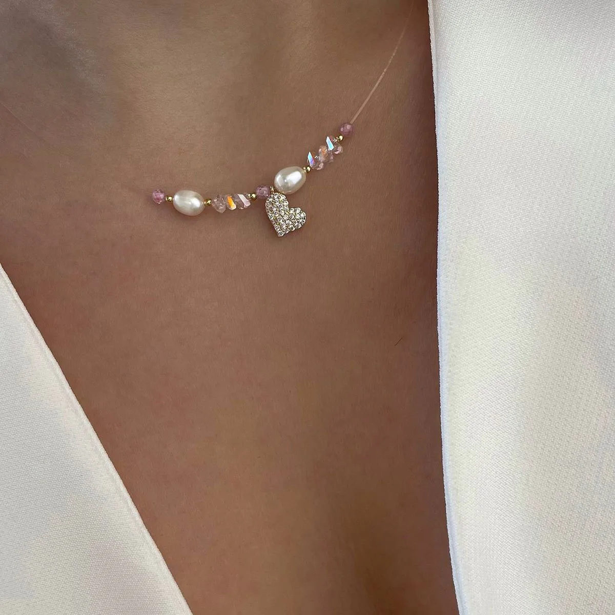 Fashion Simple Shaped Natural Freshwater Pearls Zircon Heart Necklace For Women Female Girl Baroque Choker Jewelry Gift N0495