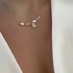 Fashion Simple Shaped Natural Freshwater Pearls Zircon Heart Necklace For Women Female Girl Baroque Choker Jewelry Gift N0495