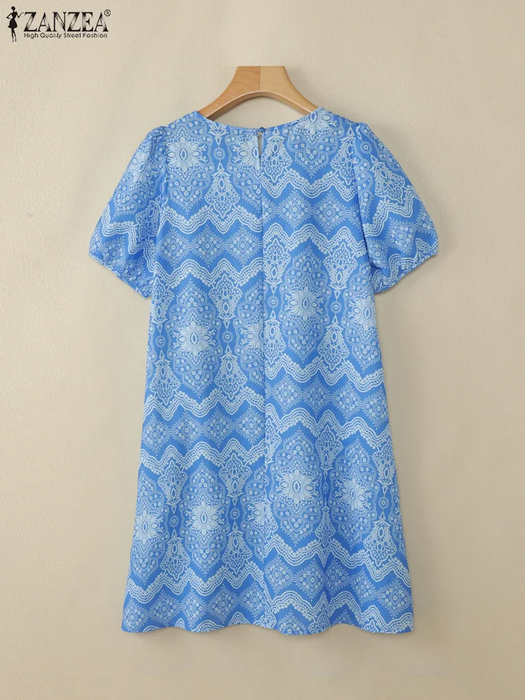 ZANZEA Womens Vintage Etnische Afdrukken Knielange Jurken Zomer Casual O-hals Bladerdeeg Mouw Verstoorde Zoom Gewaden Vakantie Jurk