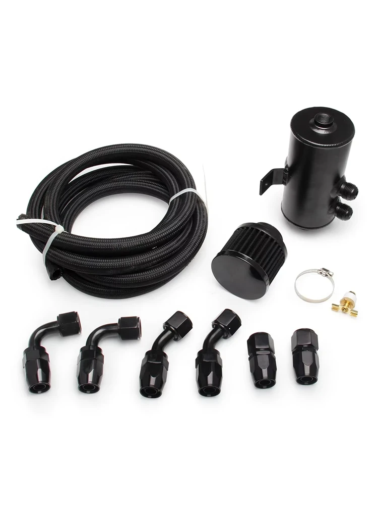 Serbatoio dell'olio in alluminio con deflettore universale da corsa Serbatoio a 2 porte con kit di tubi intrecciati con filtro del cilindro di sfiato della valvola di scarico