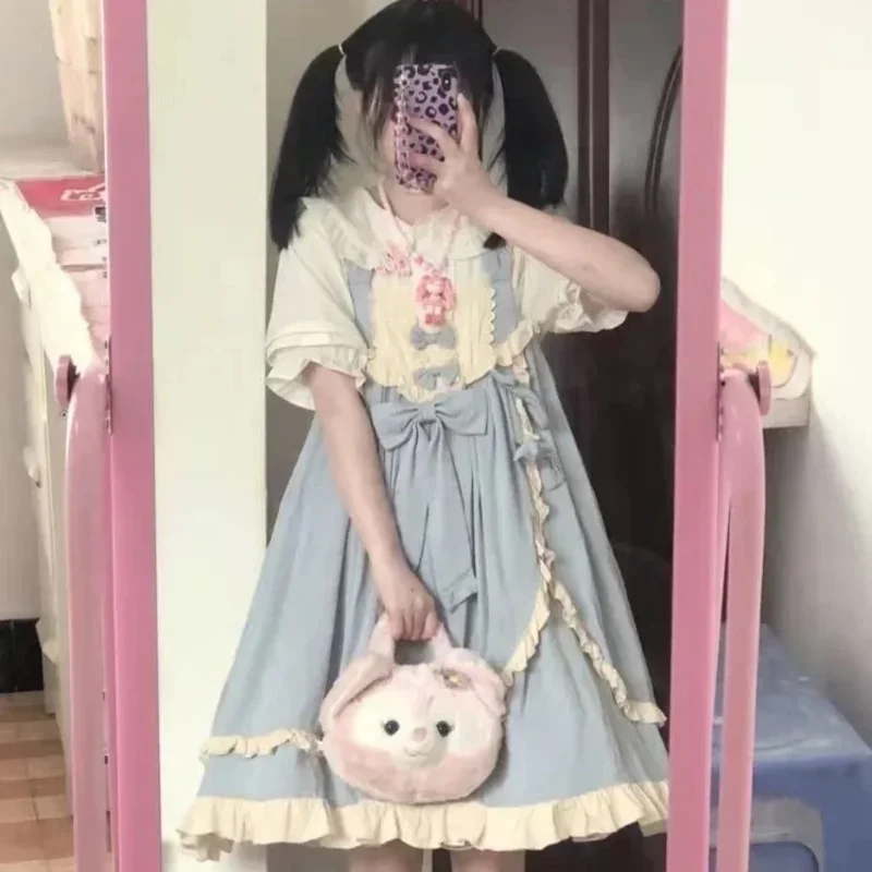 

FasCostume Harajuku Sweet Lolita Dress for Women Y2k E-Girl Mid-length Loose Vest Dresses Summer New Fungus Blue Vestidos Mujer