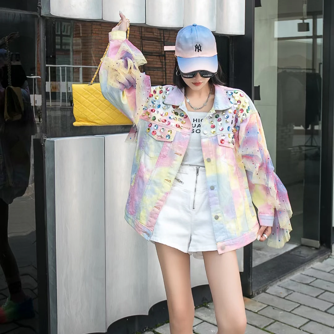 Spring and Autumn Heavy Industry Fashionable Colorful Mesh Rhinestone Tie Dye Gradual Loose Denim Coat Trend jackets