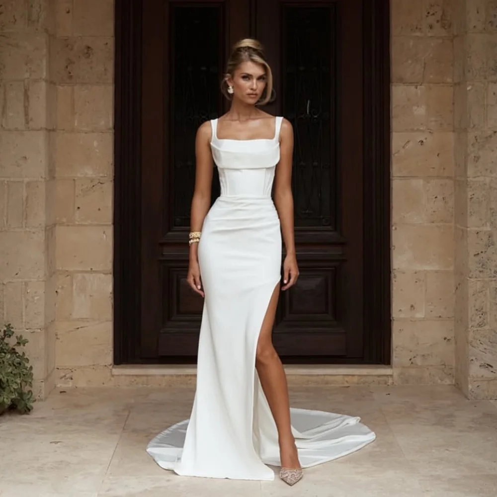 

Modern Mermaid Wedding Dresses Square Collar Spaghetti Straps Split Backless Sexy Bridal Dress Vestidos De Novia Customized