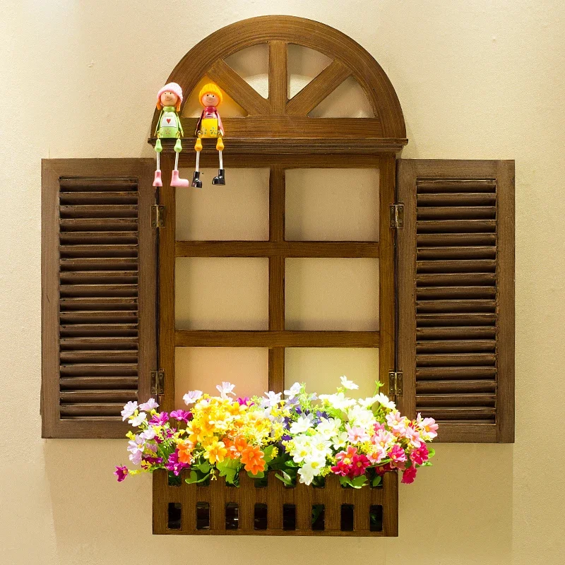 Vintage Wooden Decorative Fake Window Wal Hanging Shutter Fake Window for Home Decor Creative Storefront Wal Art 10 Colors