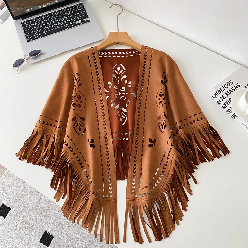 Spring Autumn Retro Ethnic Style Hollow Out Tassel Faux Suede Vest Women's New V-neck Versatile Outer Shawl C196
