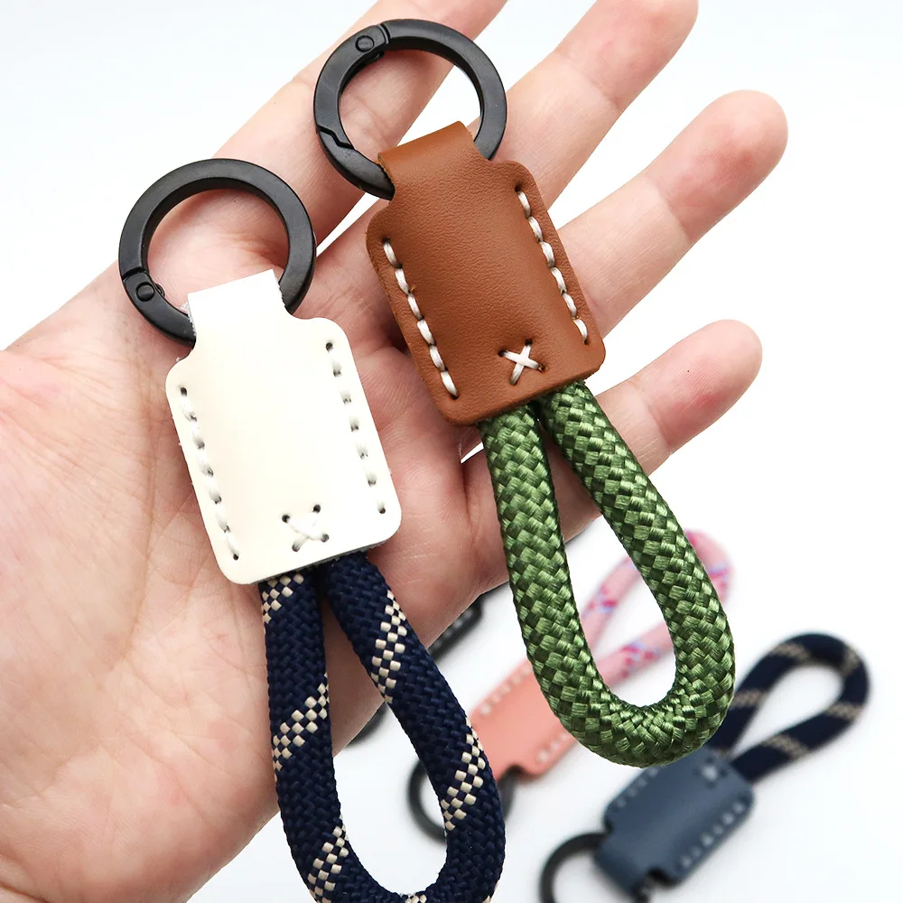 Handmade Cowhide Keychain with Woven Rope, Creative Gift