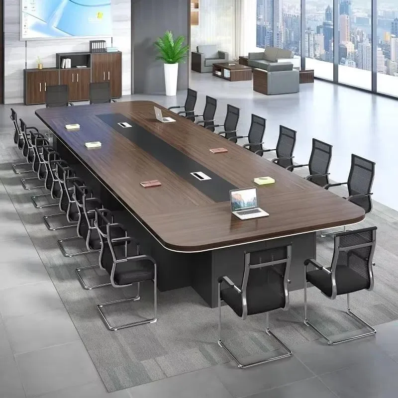 Round Edge Spliced Conference Table Office Desk with Built-in Cable Box Multiple Wood Colors