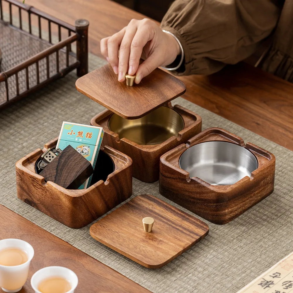 

Creative Luxury Walnut Solid Wood Ashtray Stainless Steel Liner with Cover Anti-fly Ash Storage Box Home Living Room Decoration