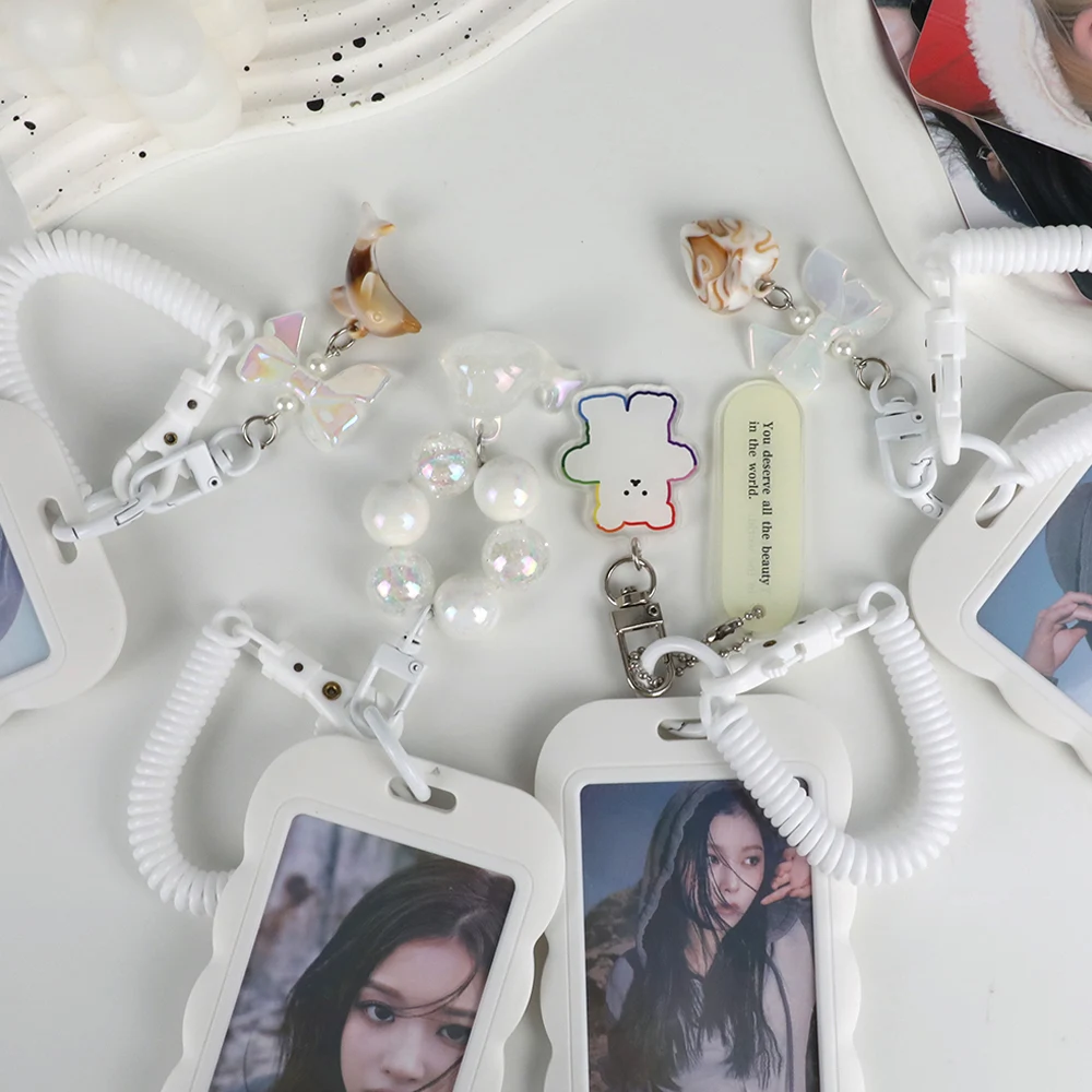 White Photocard Holder Students Sliding Photo Sleeves Cute Photocards Protector With Anti-Loss Chain Campus Card Set For Girls