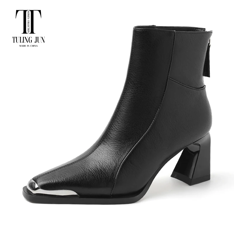 TULING JUN 2024 Winter Concise Famale Square Head High Heels Shoes Solid Color Elegant Zip Ankle Boots For Womens T-A3973