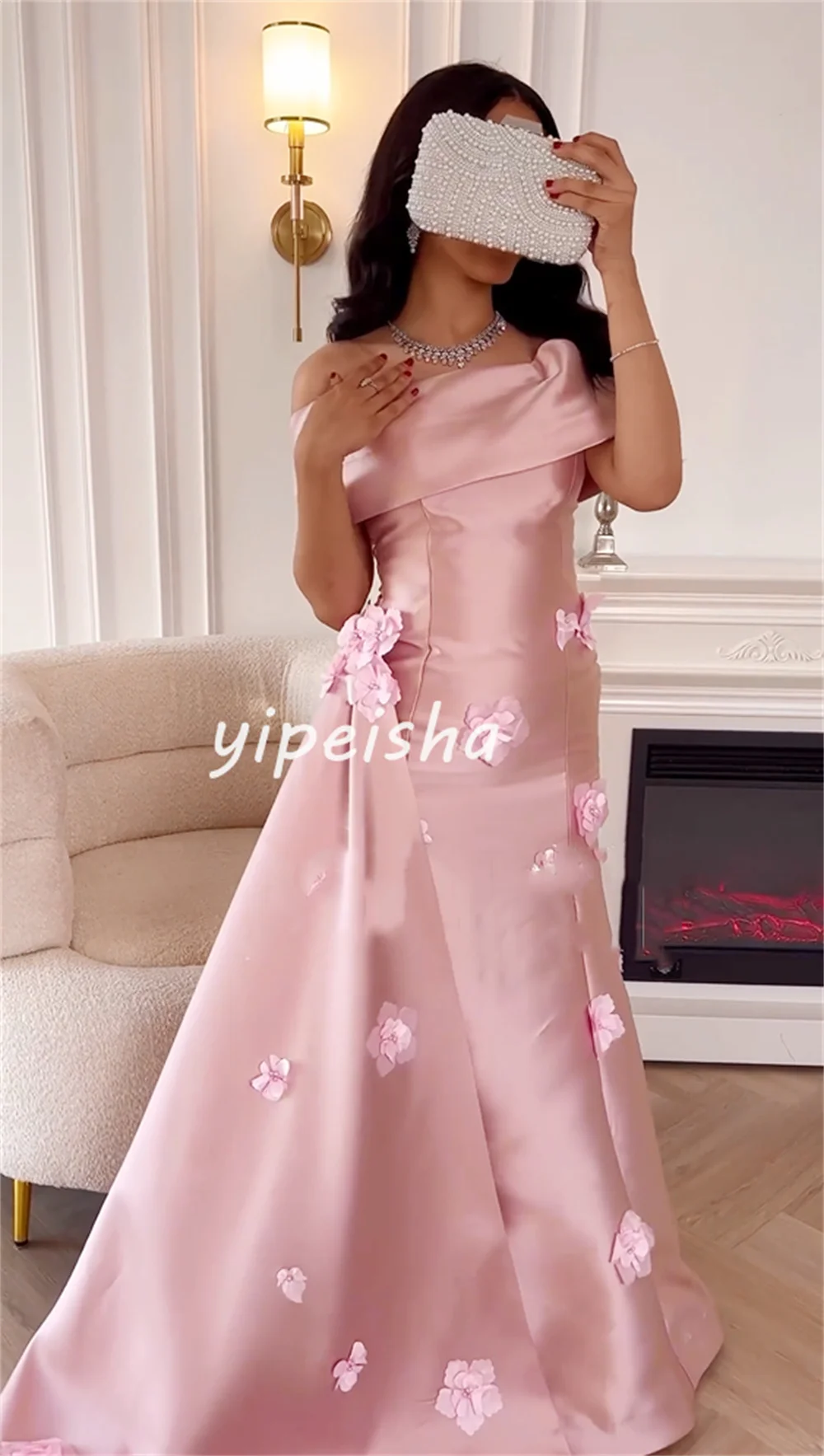 Customized Intricate Exquisite Satin Applique Flower Beading Pleat A-line Off-the-shoulder Long Dresses Evening Dresses Modern S