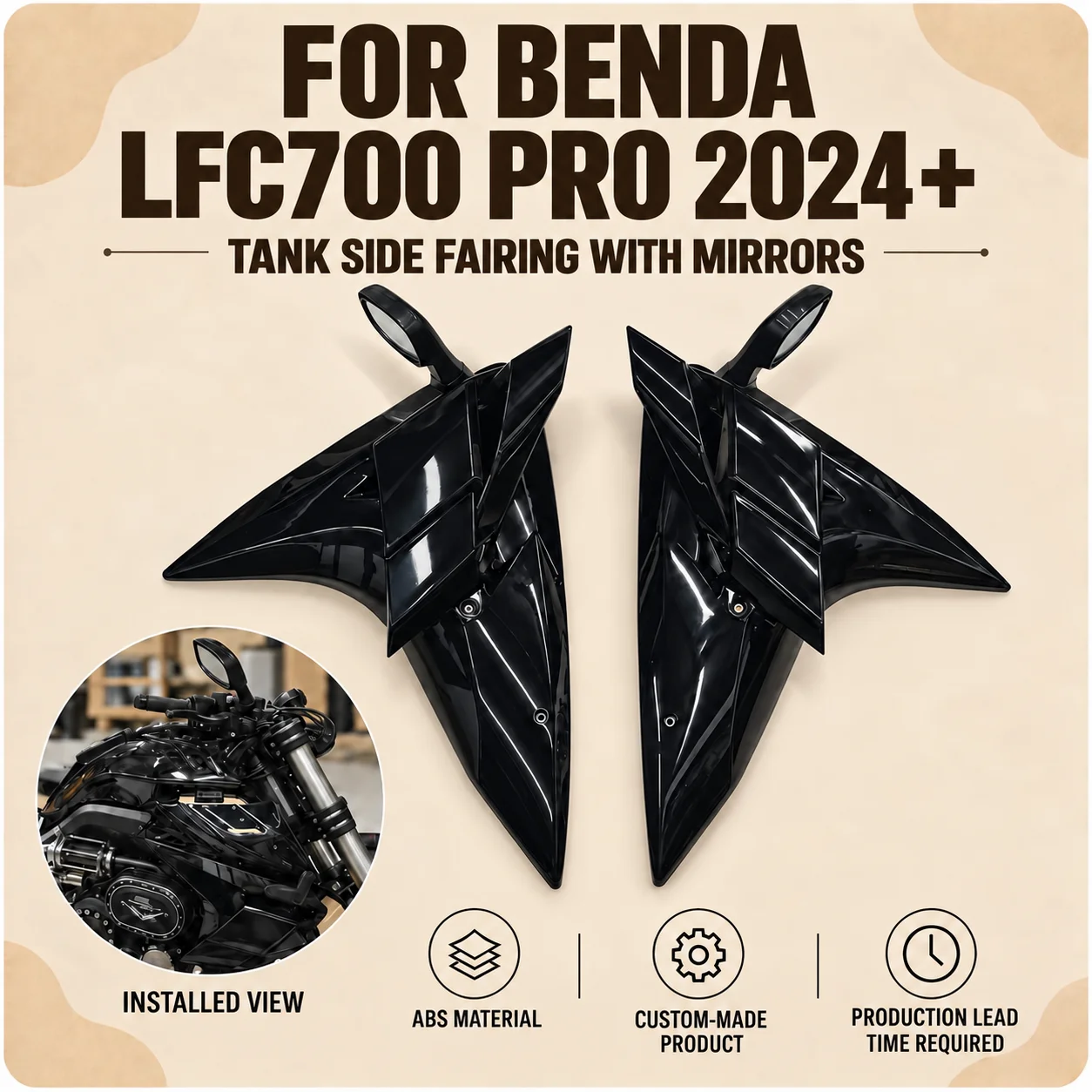 Motorcycle Fuel Tank Side Fairing For BENDA LFC 700 PRO 2024+, ABS Custom Mod Parts With Rearview Mirror