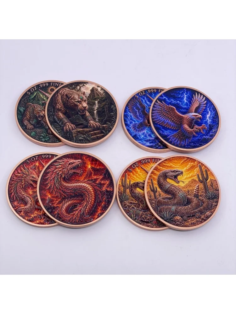 5OZ .999 Kupfermünzen Geflügelte Sieges-Reliefmünze Farbige Gedenkmünze mit Jaguar, Adler, Schlange, Drache, Mythische Kreatur Sammlermedaille
