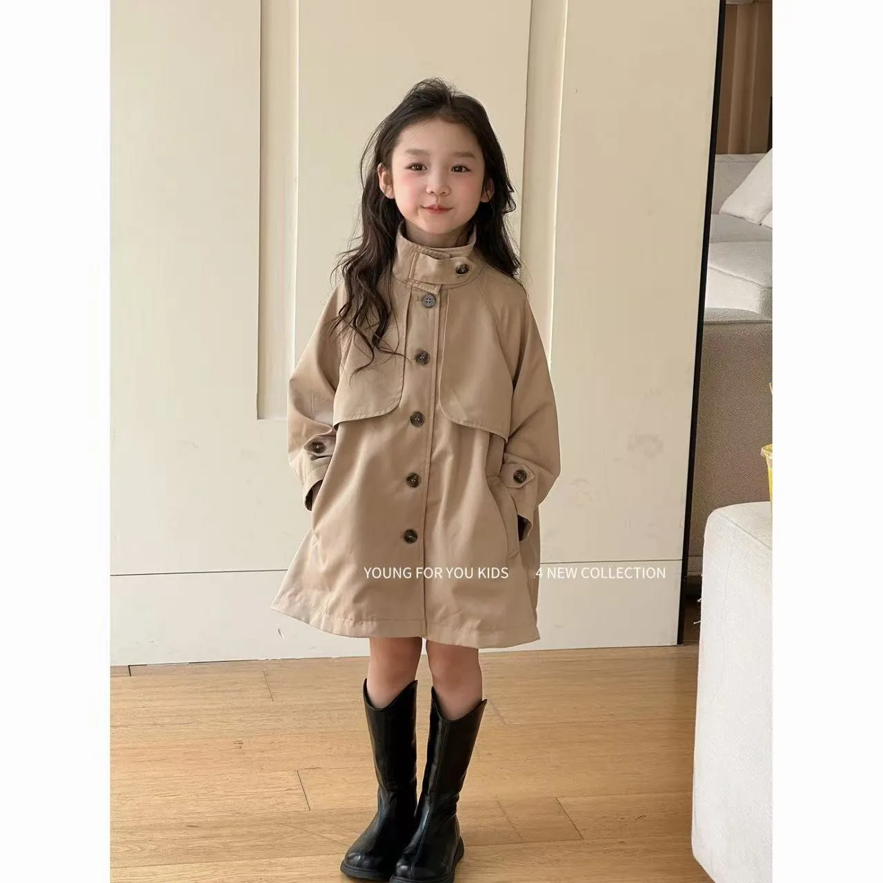 

2025 New Spring and Autumn Girls' Windbreaker Medium Long Khaki Coat Children's Top Loose British op Loose British Trench Coat