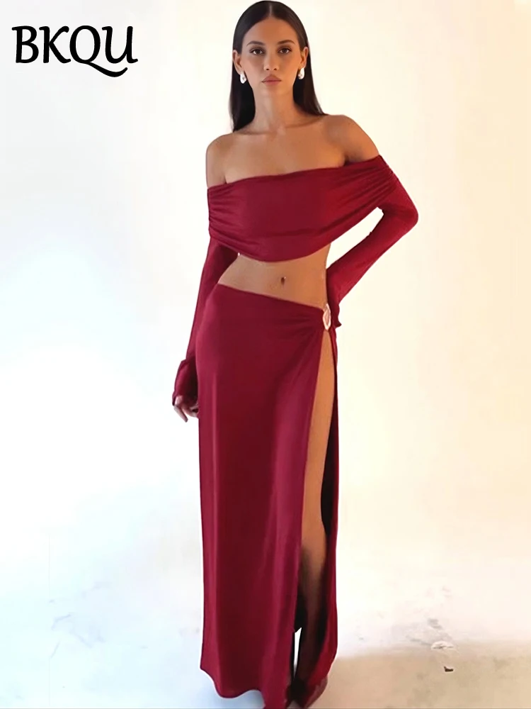 BKQU Off Shoulder Sexy 2 Piece Skirt Set Women Long Sleeve Ruched Crop Top And High Slit Maxi Skirt Ladies Elegant Party Outfits