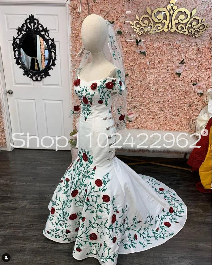 Vestido de novia con hombros descubiertos, traje de novia nacional, bordado Floral, corsé con cordones, sirena mexicana