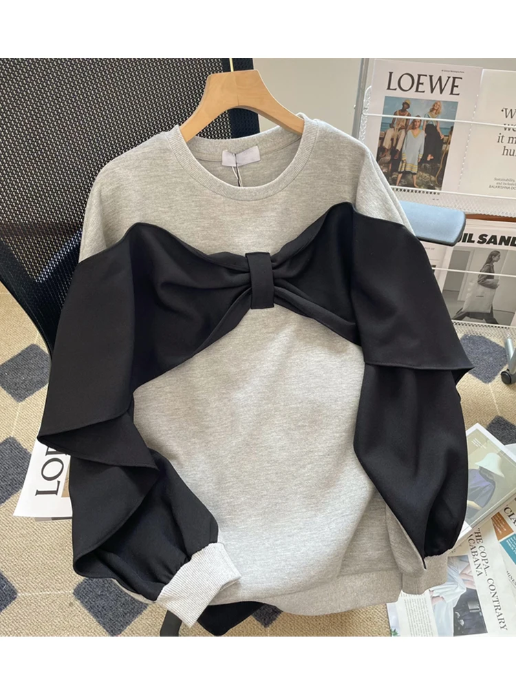 

Loose Fashion Patchwork Hoodie Fall Retro Sweet Bow Design Sense Of Design Pullovers Female Hoodies Tops