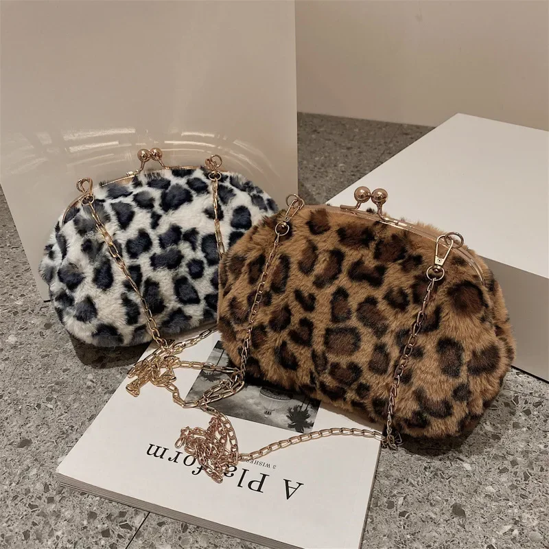 Leopard Print Fluffy Shoulder Crossbody Bags Woman Cow Pattern Handbags Female Winter Plush Bag Fashion Lady Bag Small Purses