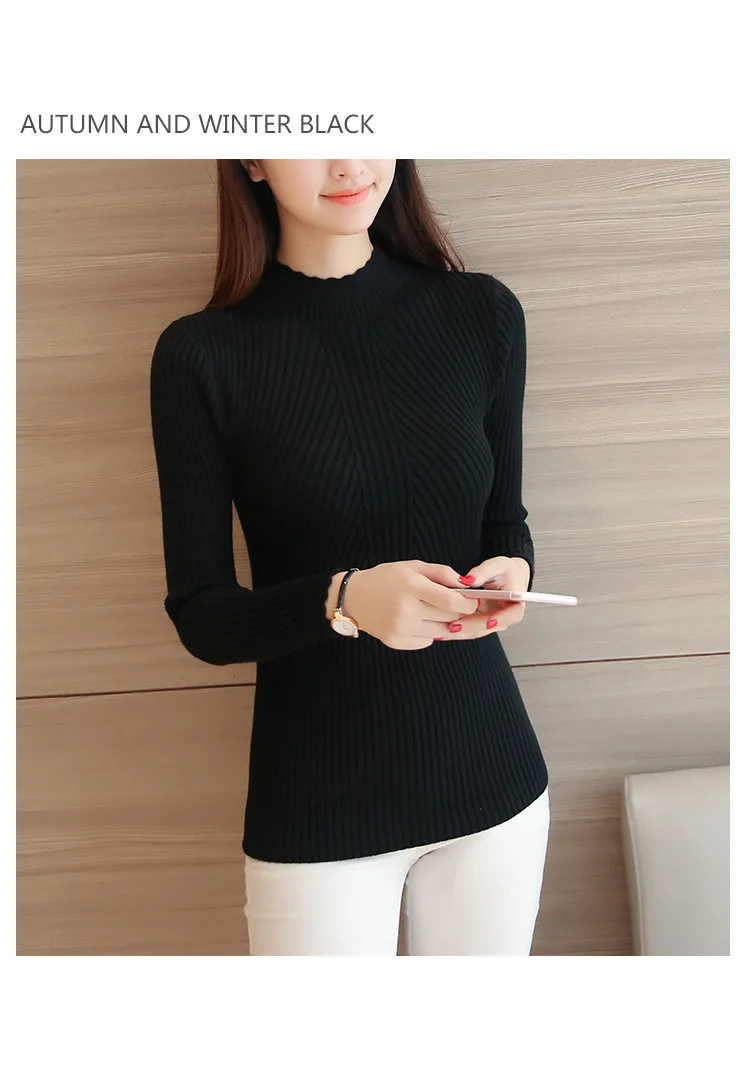 2026 Herbst Damen Mock Neck Rüschen Pullover Langarm Gestrickter Einfarbiger Pullover Gestreifter Damen Freizeitpullover Winter – Detail 1