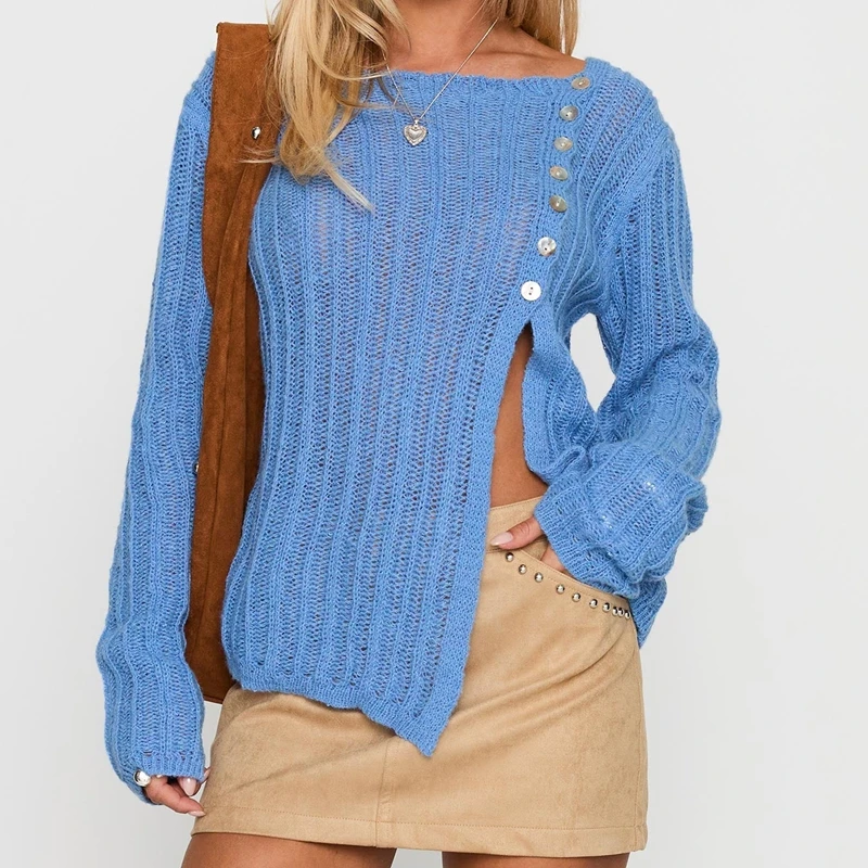 Womens Solid Color Knit Sweaters Long Sleeve Boat Neck Jumpers Side Button-down Split Hem Y2k Loose Fit Pullover Tops