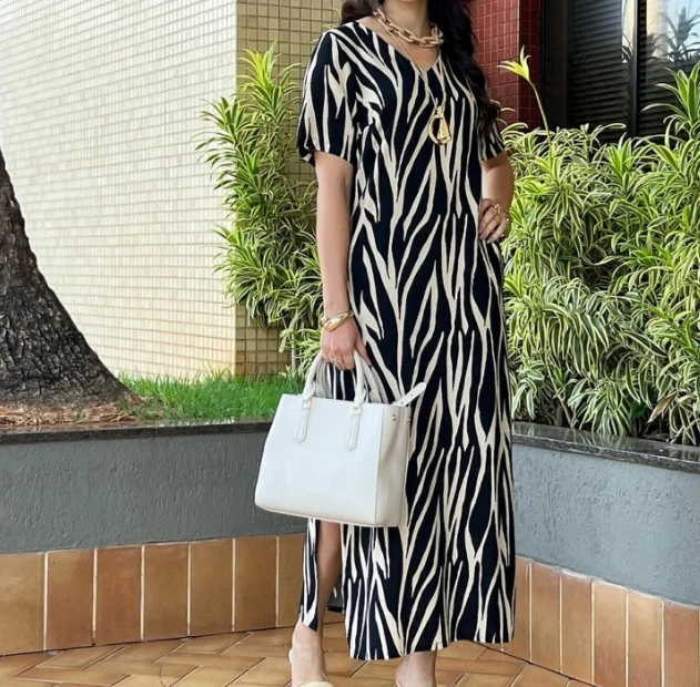 

Casual Dresses for Women Fashion Elegant 2024 Spring Summer Women Simple Long Skirt Printed Short Sleeved V-Neck Slit Long Dress