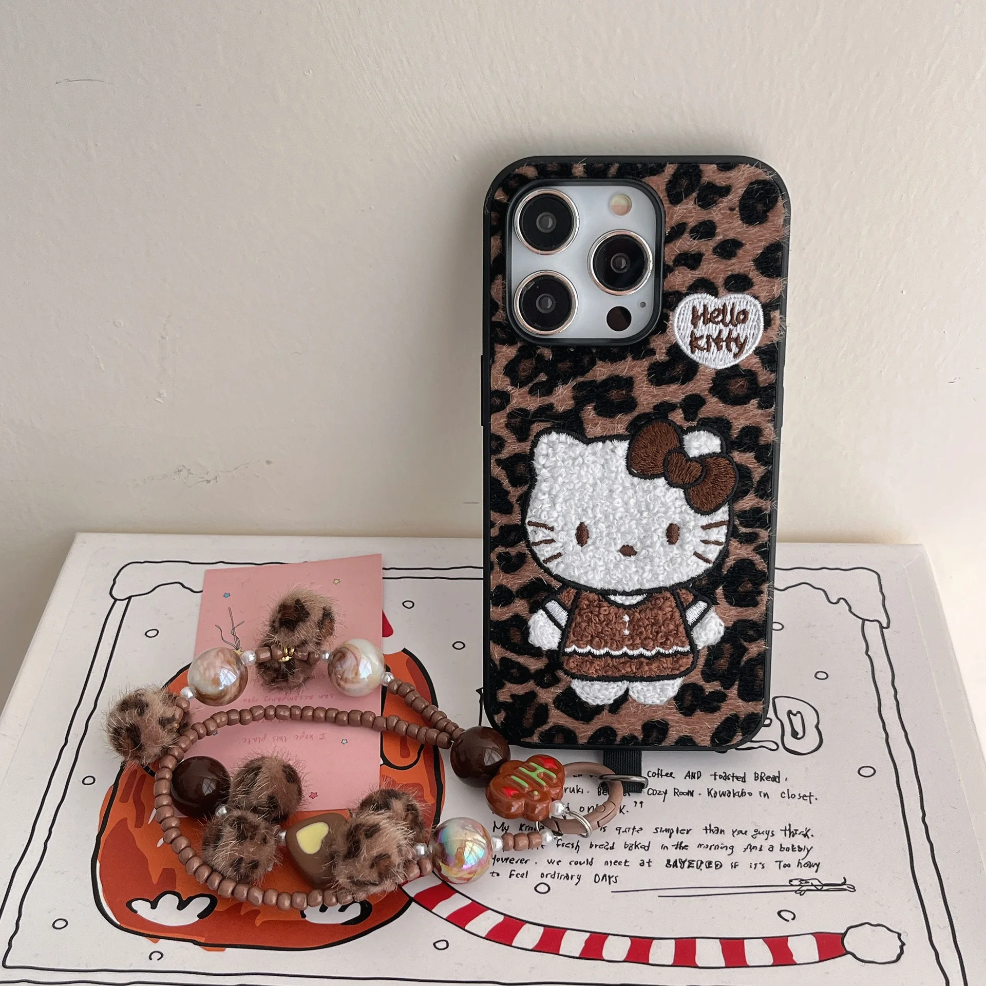 Sanrio Hello Kitty Embroidered IPhone Case Cartoon Sweet Cool Leopard Print Protective Cover for IPhone16 15 14 13 12 Promax